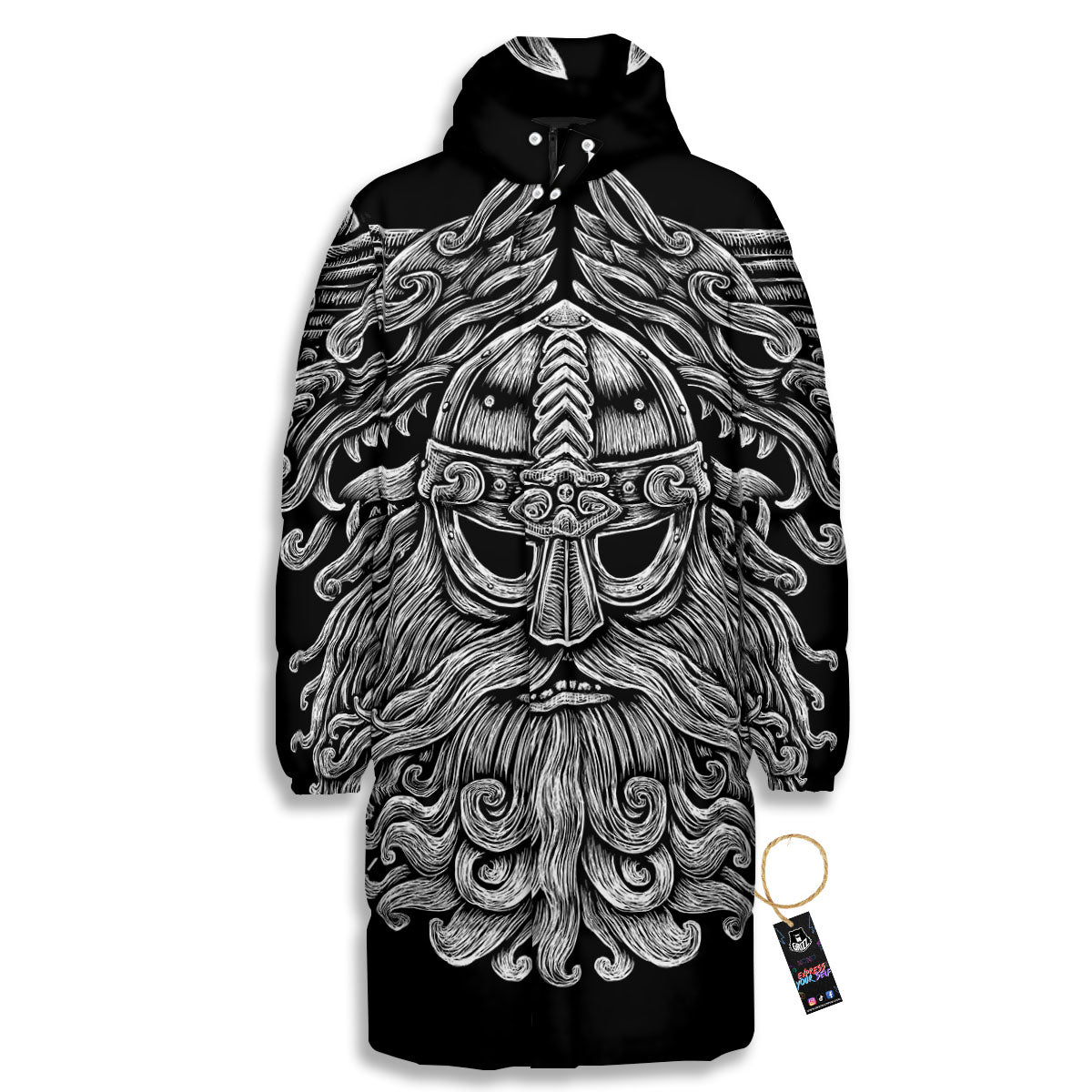 Odin With Wolfs White And Black Print Long Down Jacket