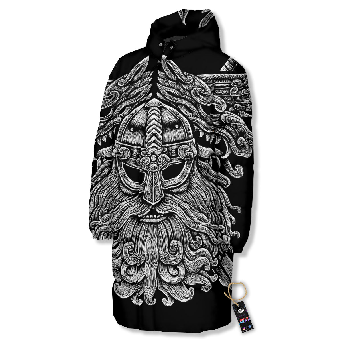 Odin With Wolfs White And Black Print Long Down Jacket