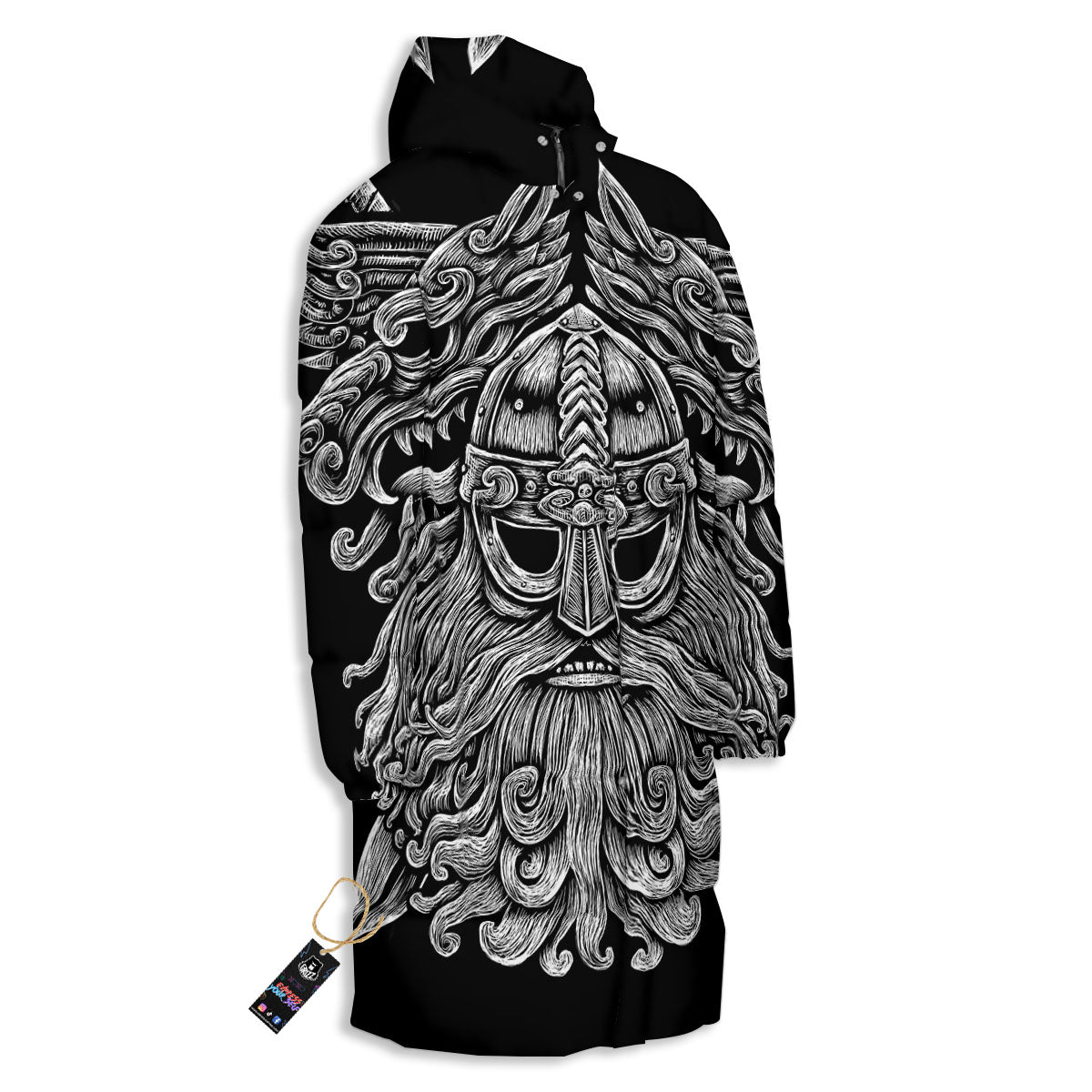 Odin With Wolfs White And Black Print Long Down Jacket