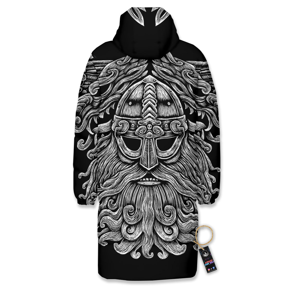 Odin With Wolfs White And Black Print Long Down Jacket