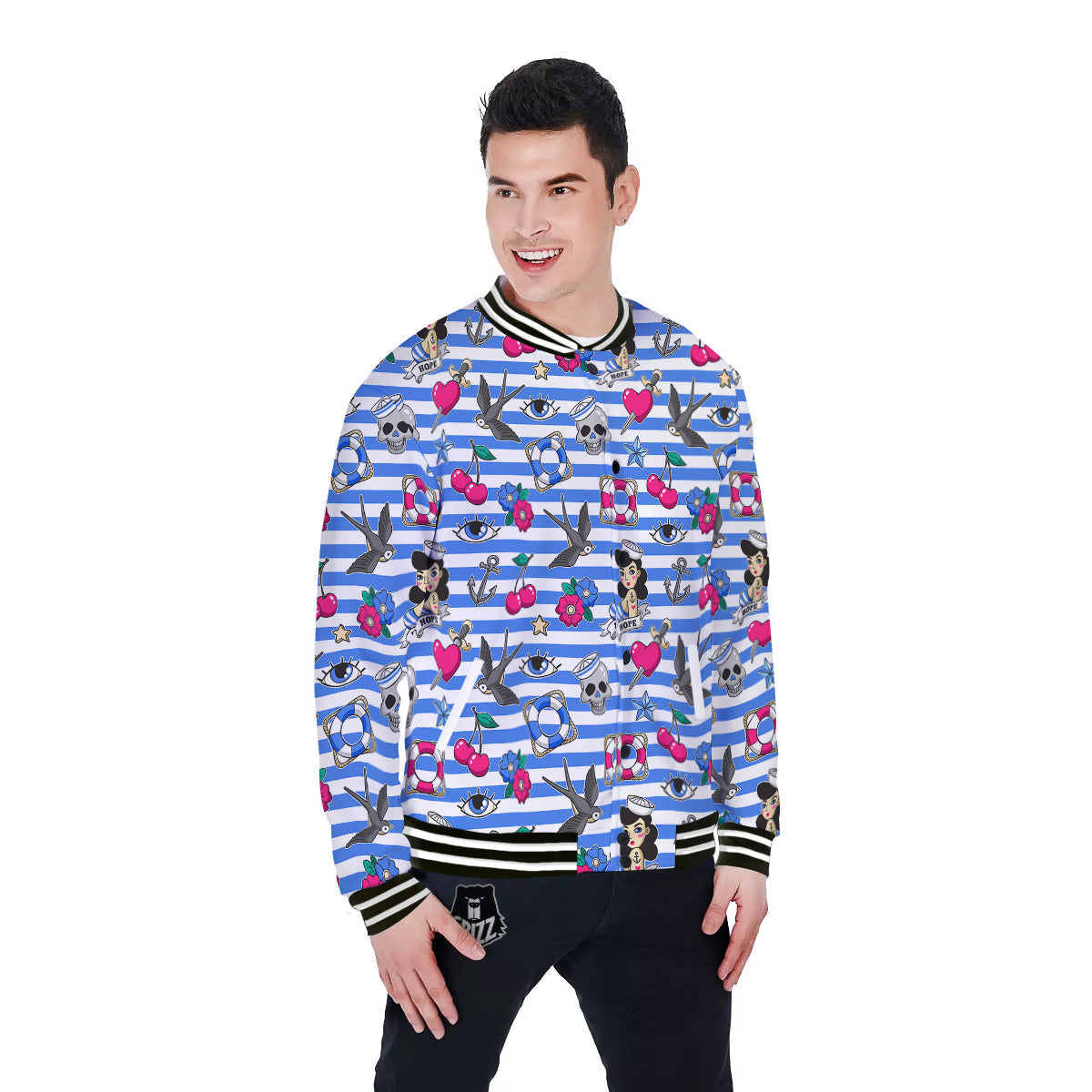 Old School Sailor Striped Print Pattern Baseball Jacket-grizzshop