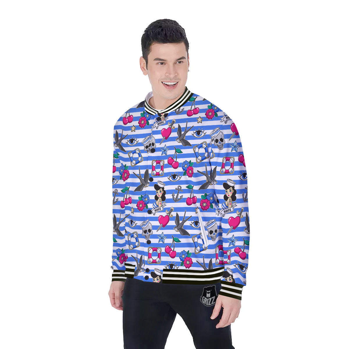 Old School Sailor Striped Print Pattern Baseball Jacket-grizzshop