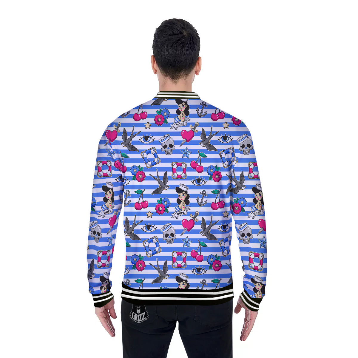 Old School Sailor Striped Print Pattern Baseball Jacket-grizzshop