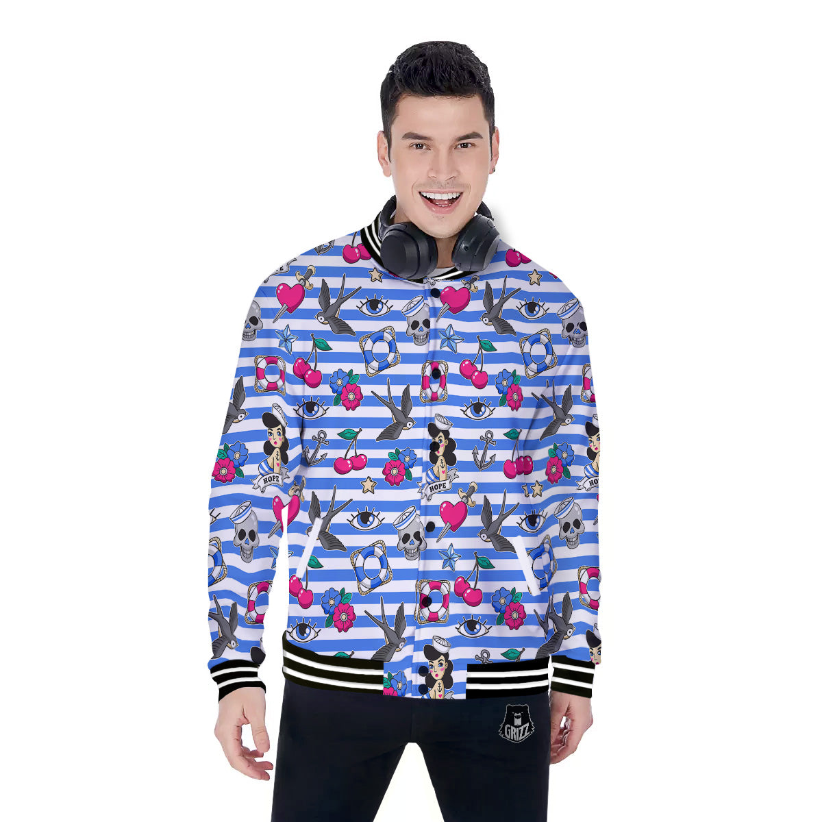 Old School Sailor Striped Print Pattern Baseball Jacket-grizzshop