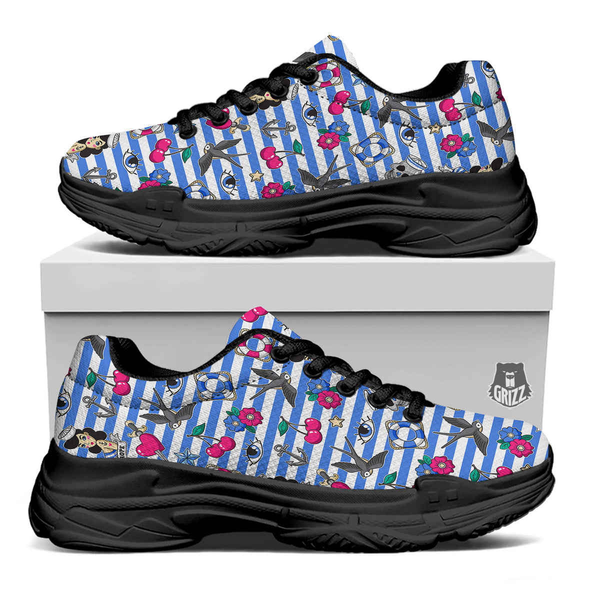 Old School Sailor Striped Print Pattern Black Chunky Shoes-grizzshop
