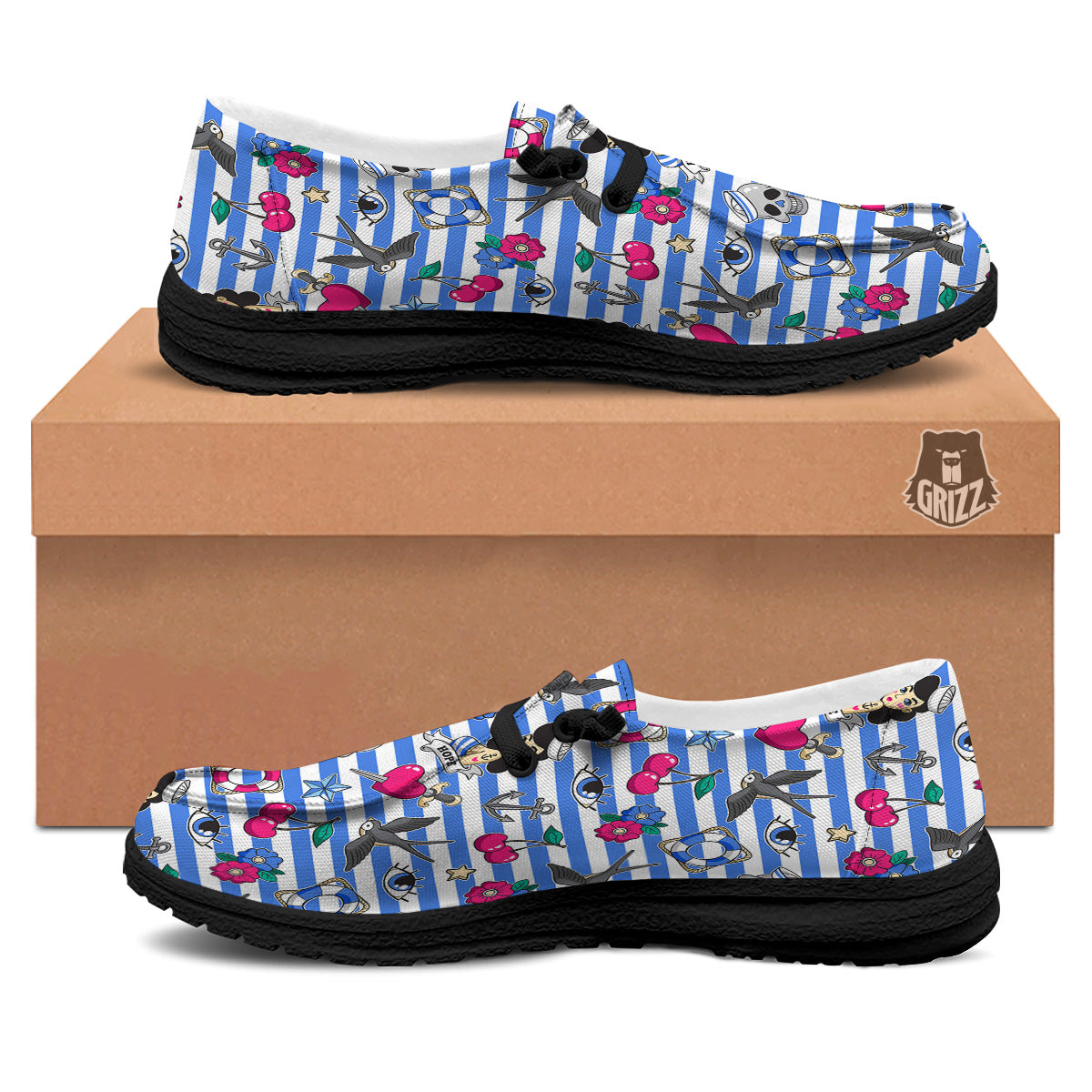 Old School Sailor Striped Print Pattern Black Loafers-grizzshop