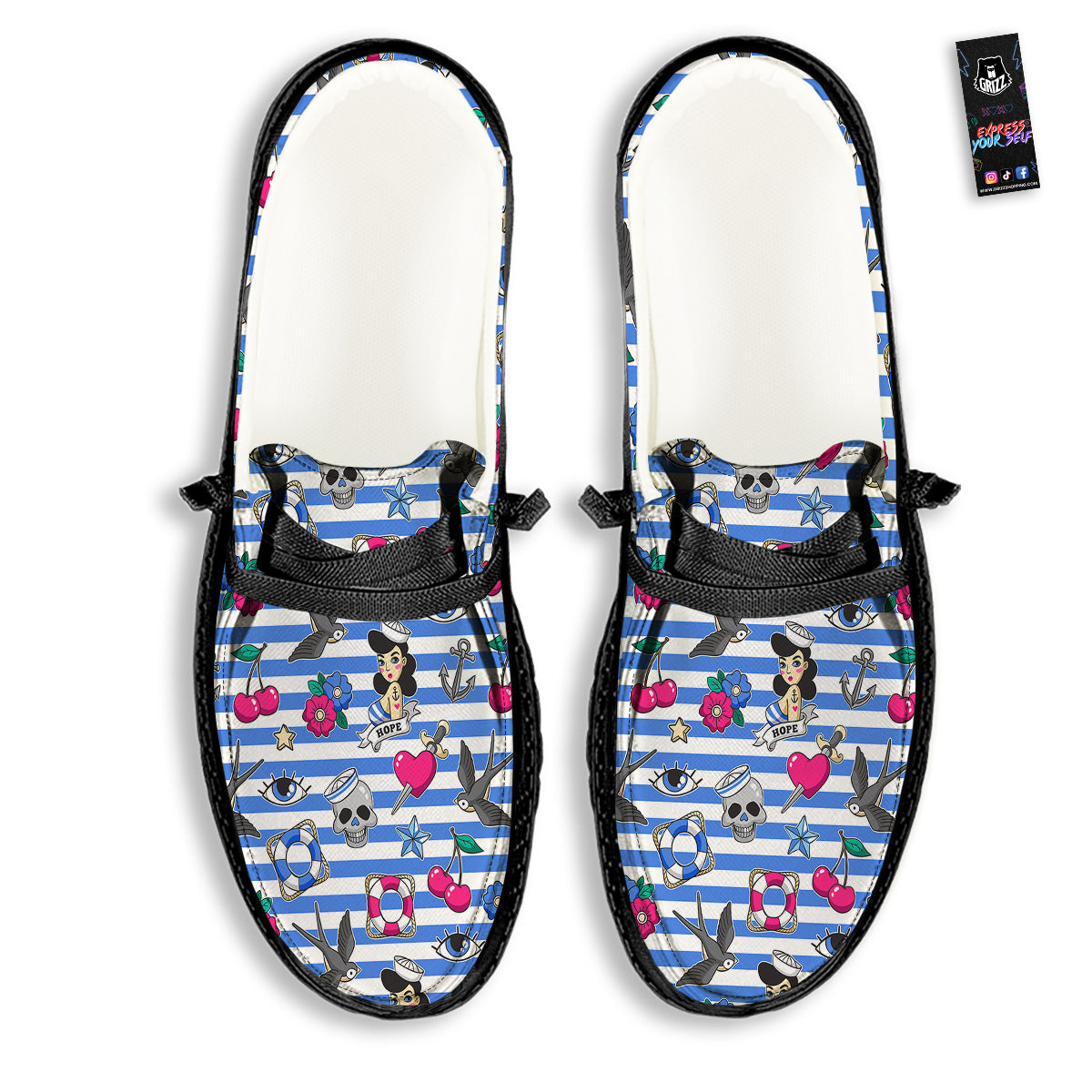 Old School Sailor Striped Print Pattern Black Loafers-grizzshop