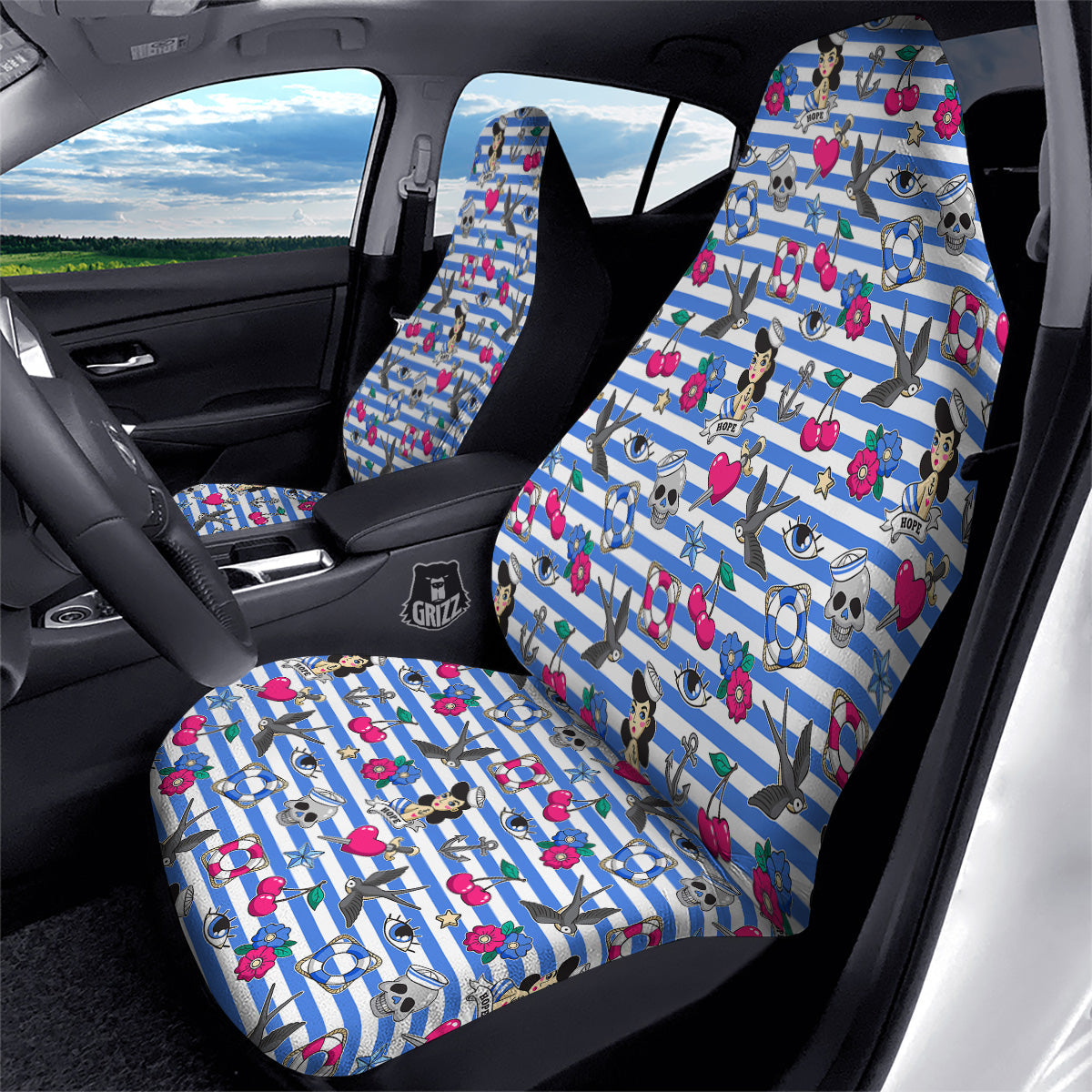 Old School Sailor Striped Print Pattern Car Seat Covers-grizzshop