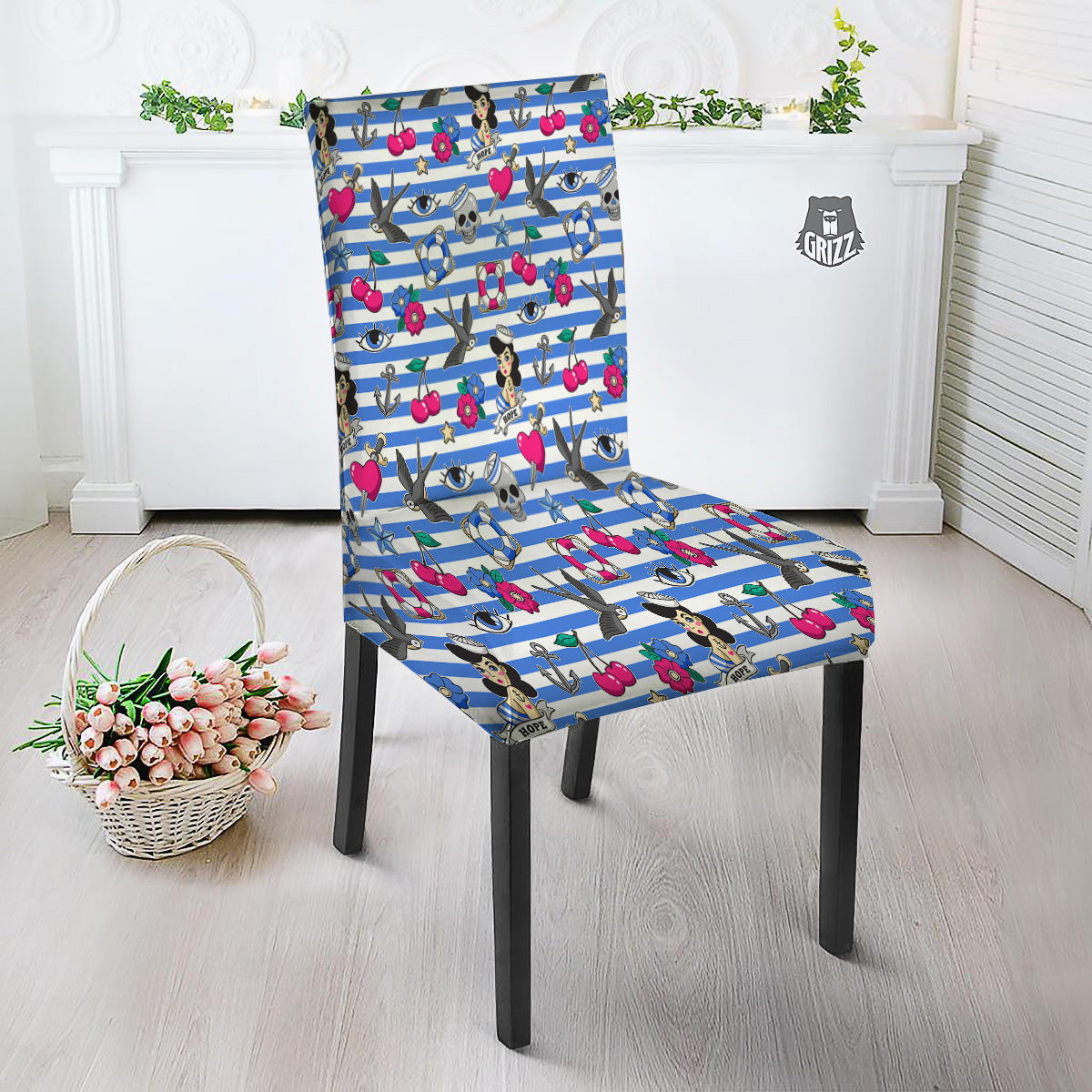 Old School Sailor Striped Print Pattern Dining Chair Slipcover-grizzshop