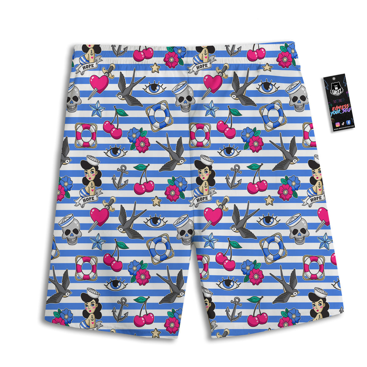 Old School Sailor Striped Print Pattern Men's Athletic Shorts