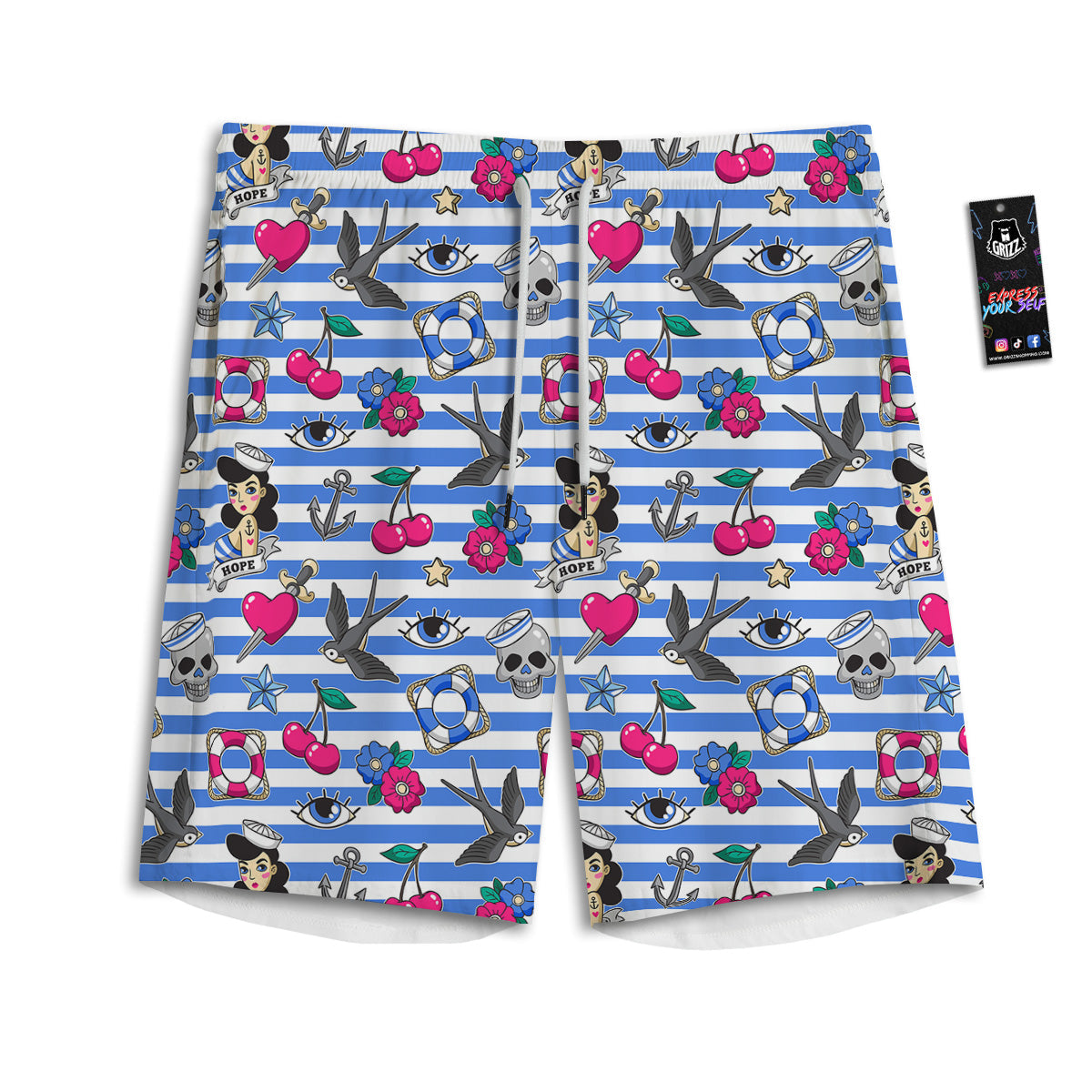 Old School Sailor Striped Print Pattern Men's Athletic Shorts