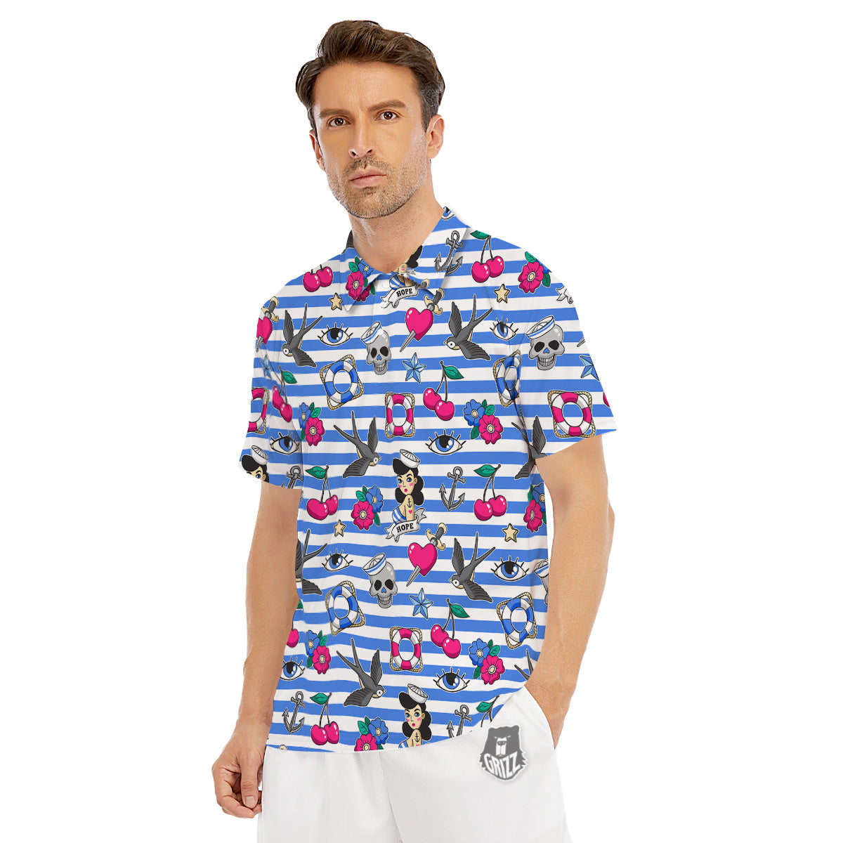 Old School Sailor Striped Print Pattern Men's Golf Shirts-grizzshop
