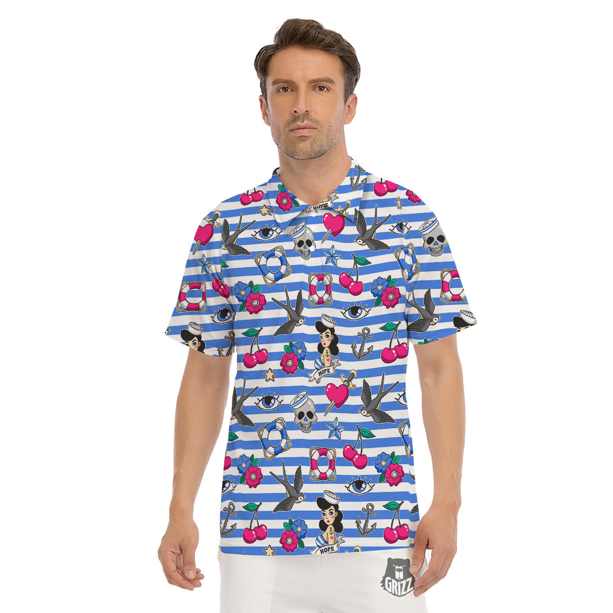 Old School Sailor Striped Print Pattern Men's Golf Shirts-grizzshop