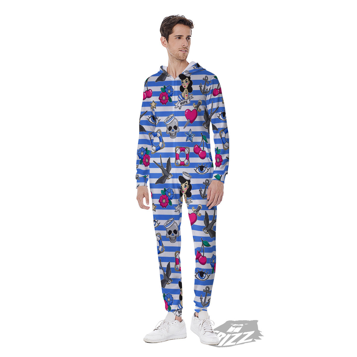 Old School Sailor Striped Print Pattern Men's Jumpsuit-grizzshop