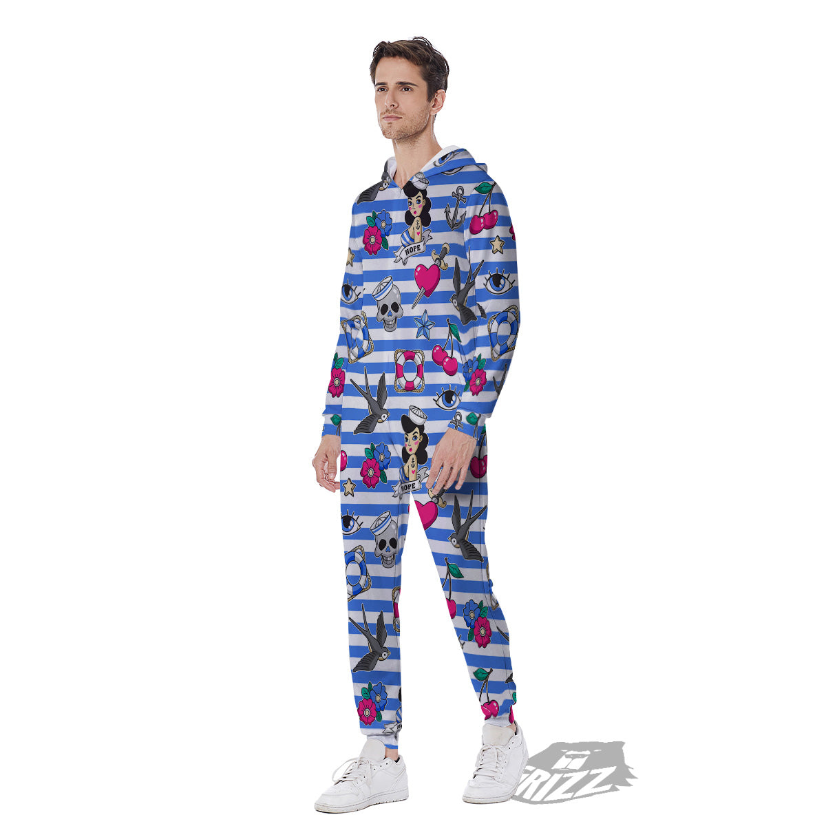 Old School Sailor Striped Print Pattern Men's Jumpsuit-grizzshop