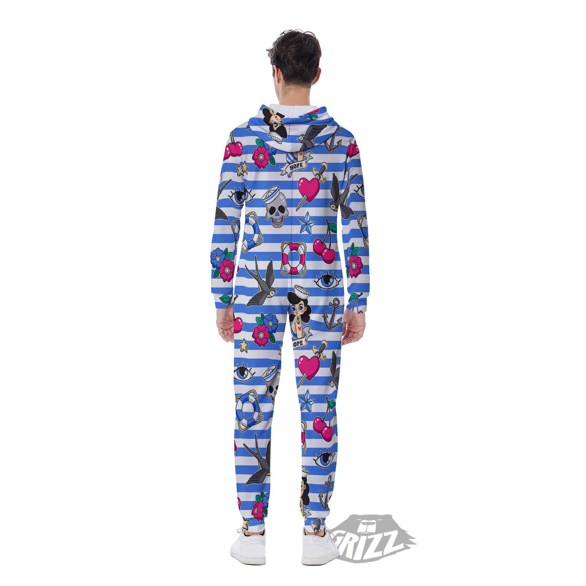 Old School Sailor Striped Print Pattern Men's Jumpsuit-grizzshop