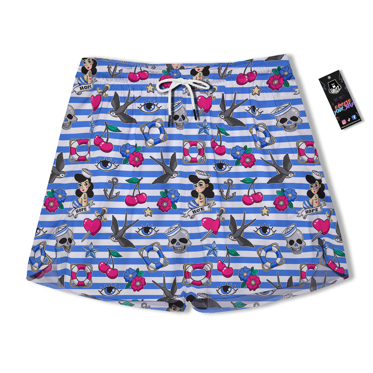 Old School Sailor Striped Print Pattern Men's Running Shorts-grizzshop