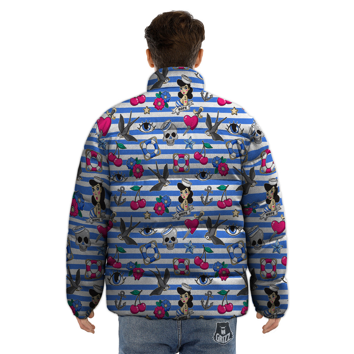 Old School Sailor Striped Print Pattern Puffer Jacket-grizzshop