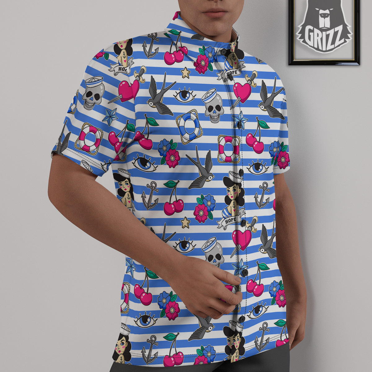 Old School Sailor Striped Print Pattern Untucked Shirts-grizzshop