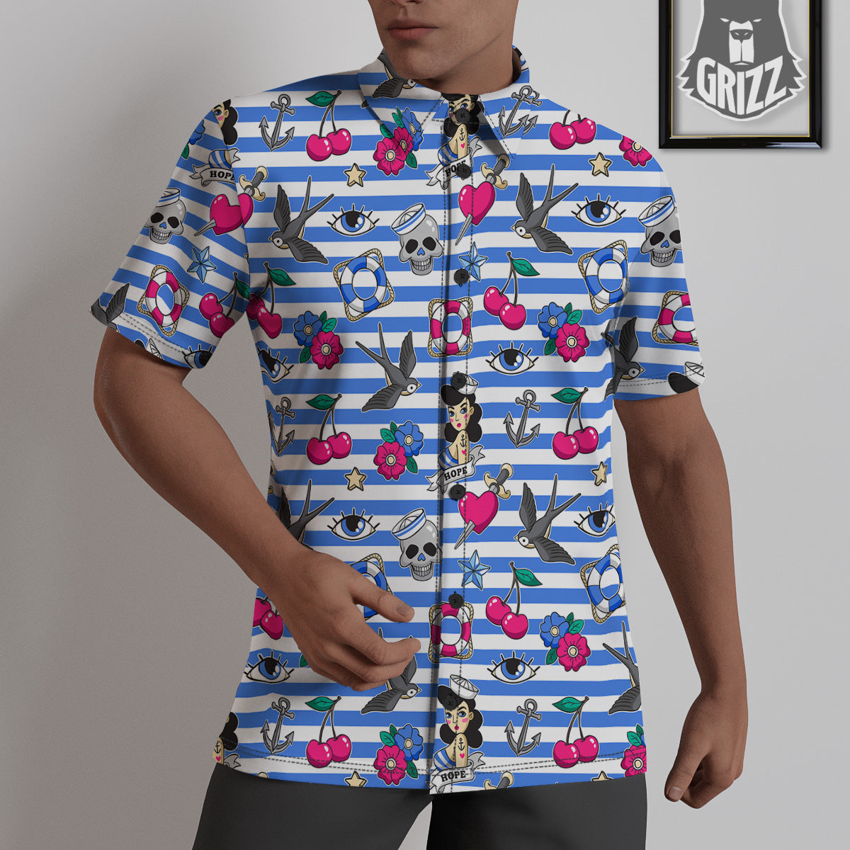 Old School Sailor Striped Print Pattern Untucked Shirts-grizzshop