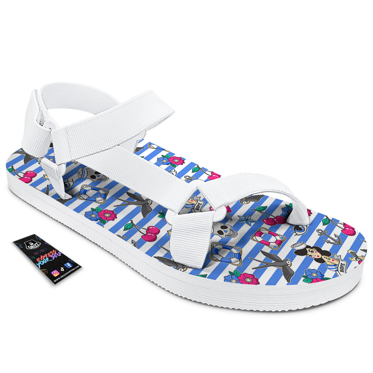 Old School Sailor Striped Print Pattern White Open Toe Sandals-grizzshop