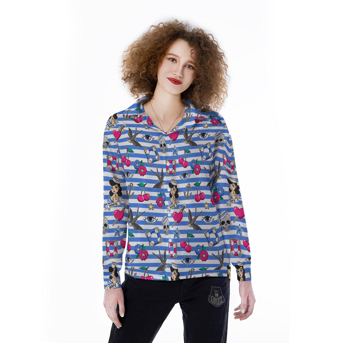 Old School Sailor Striped Print Pattern Women's Long Sleeve Shirts-grizzshop