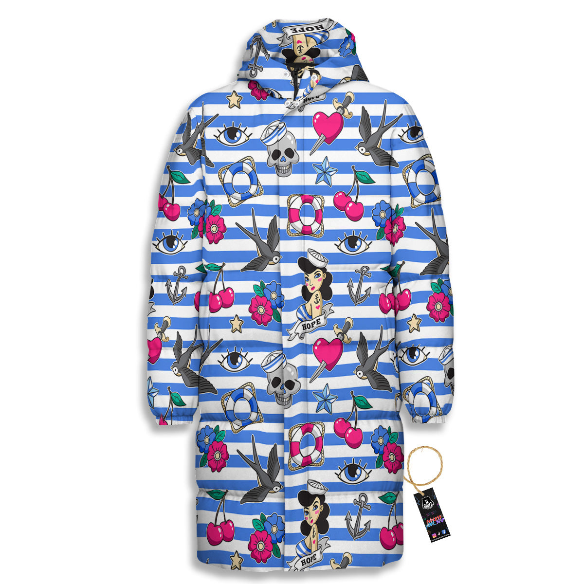 Old School Sailor Striped Print Pattern Long Down Jacket