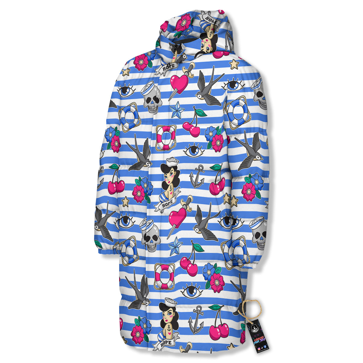 Old School Sailor Striped Print Pattern Long Down Jacket