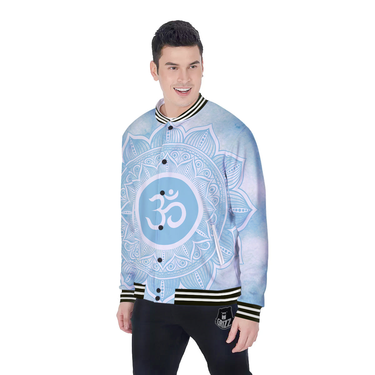 Om Mandala Blue Print Baseball Jacket-grizzshop