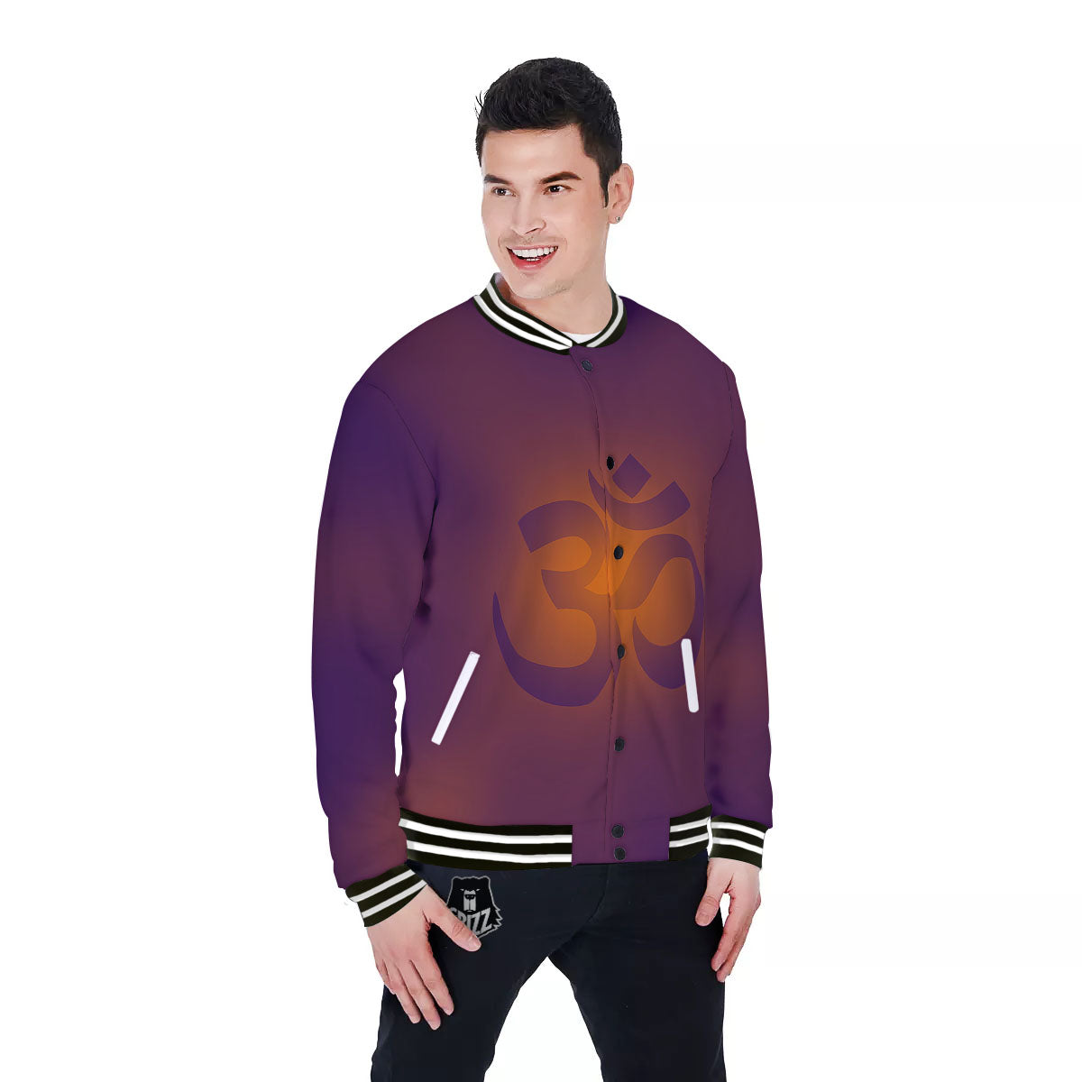 Om Mantra Print Baseball Jacket-grizzshop