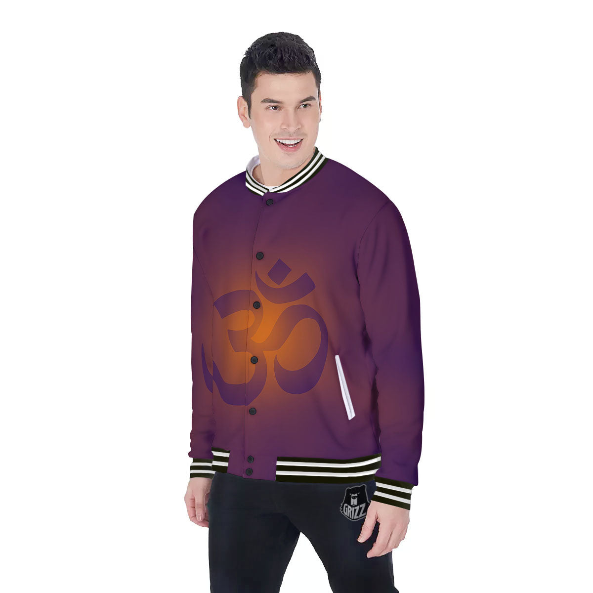 Om Mantra Print Baseball Jacket-grizzshop