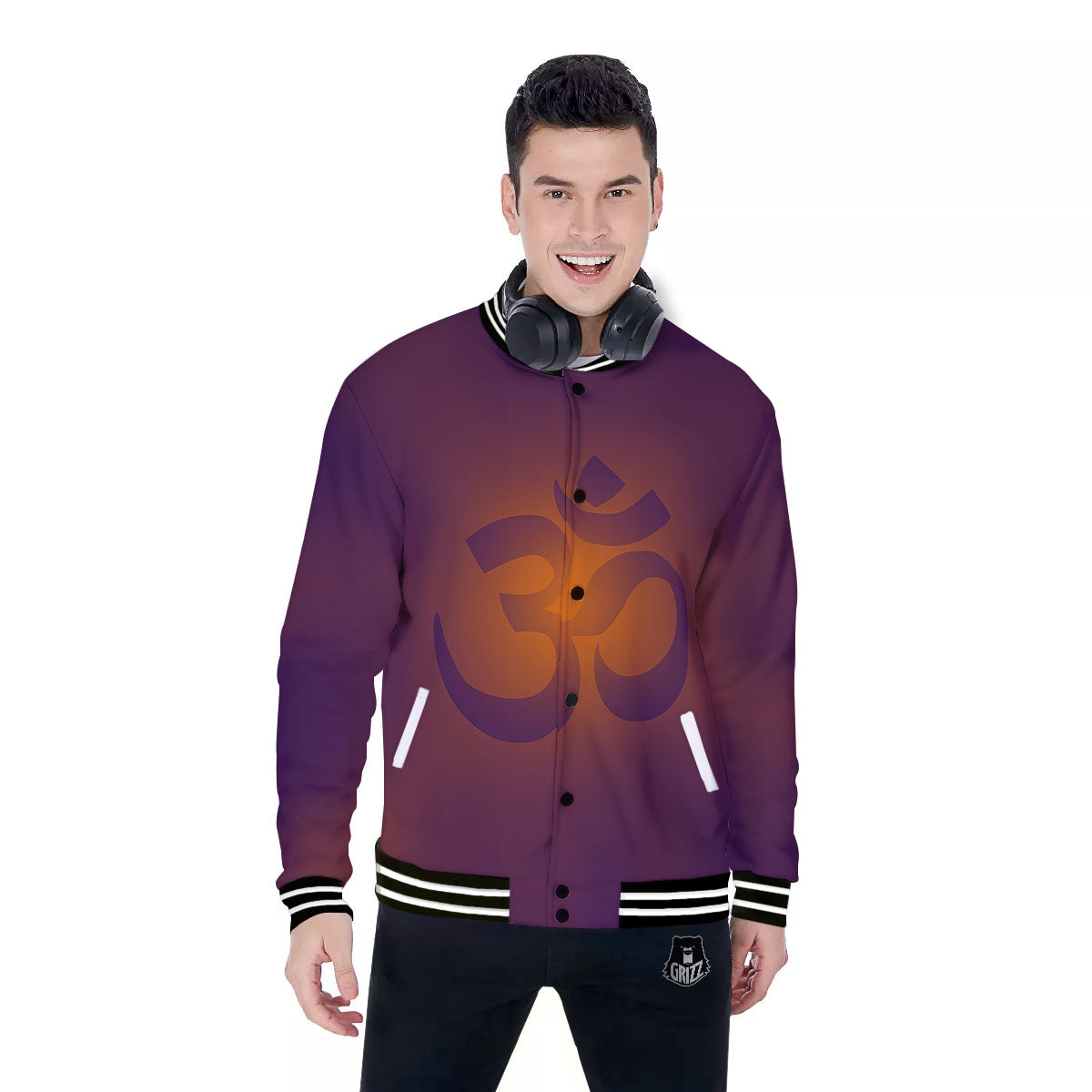 Om Mantra Print Baseball Jacket-grizzshop