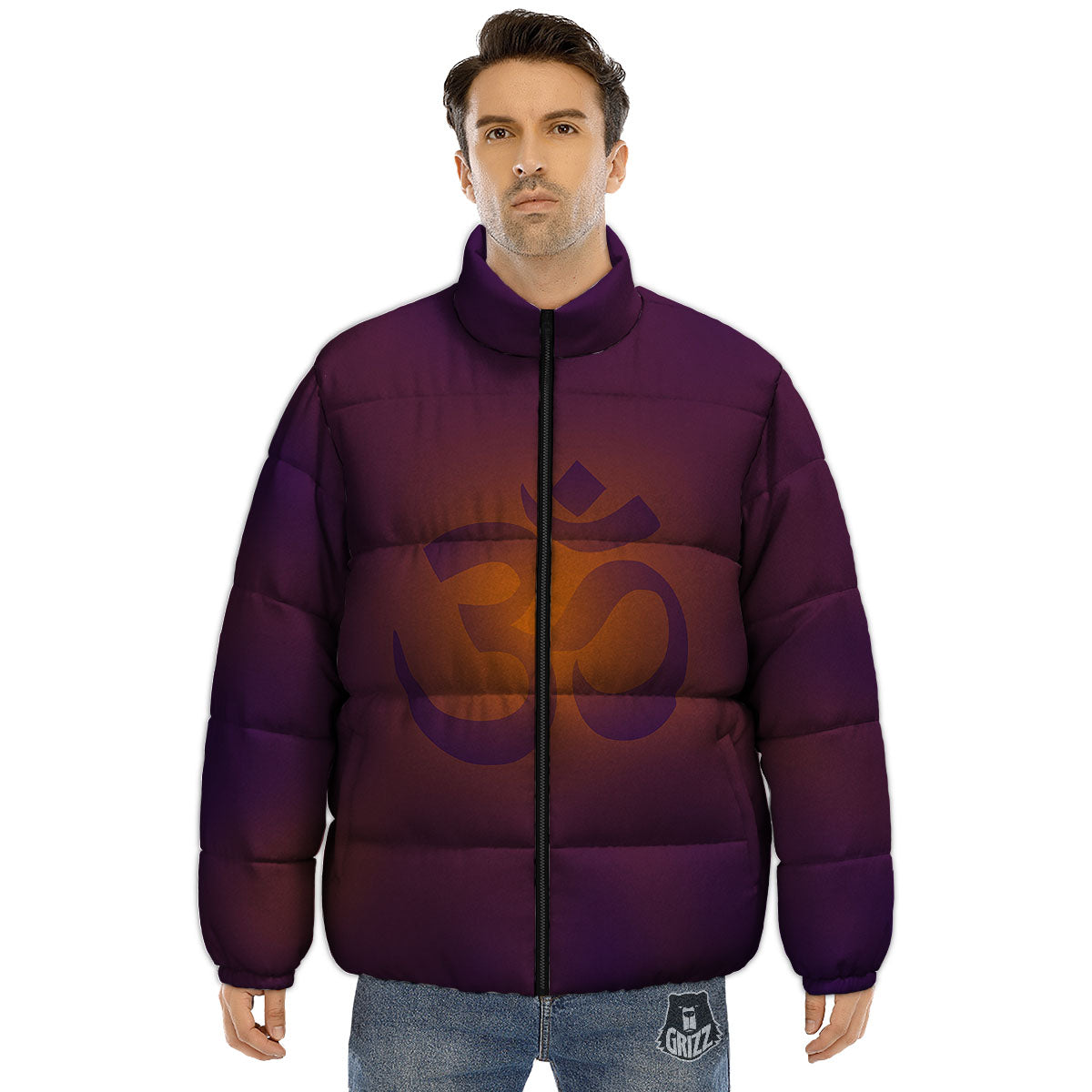 Om Mantra Print Puffer Jacket-grizzshop
