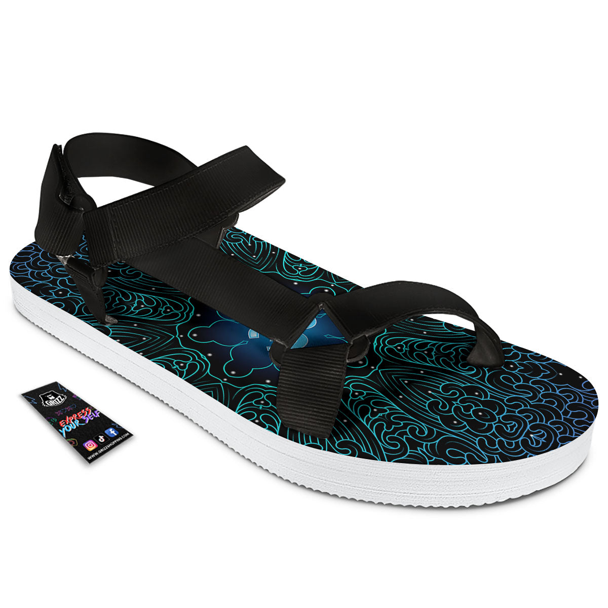 Om Psychedelic Print Black Open Toe Sandals-grizzshop