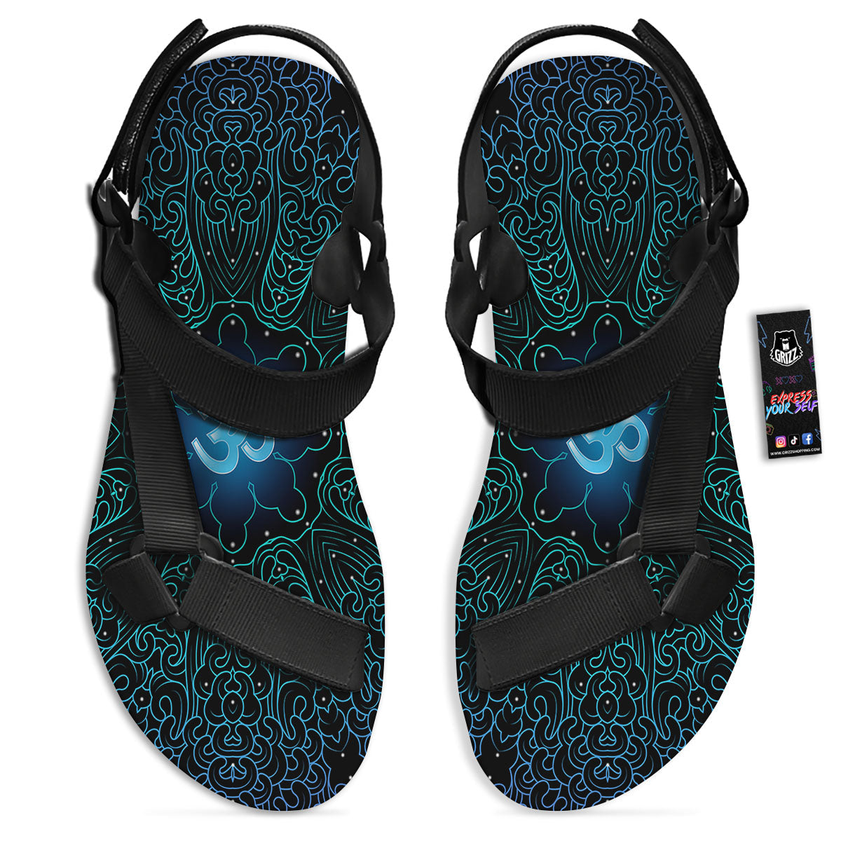 Om Psychedelic Print Black Open Toe Sandals-grizzshop