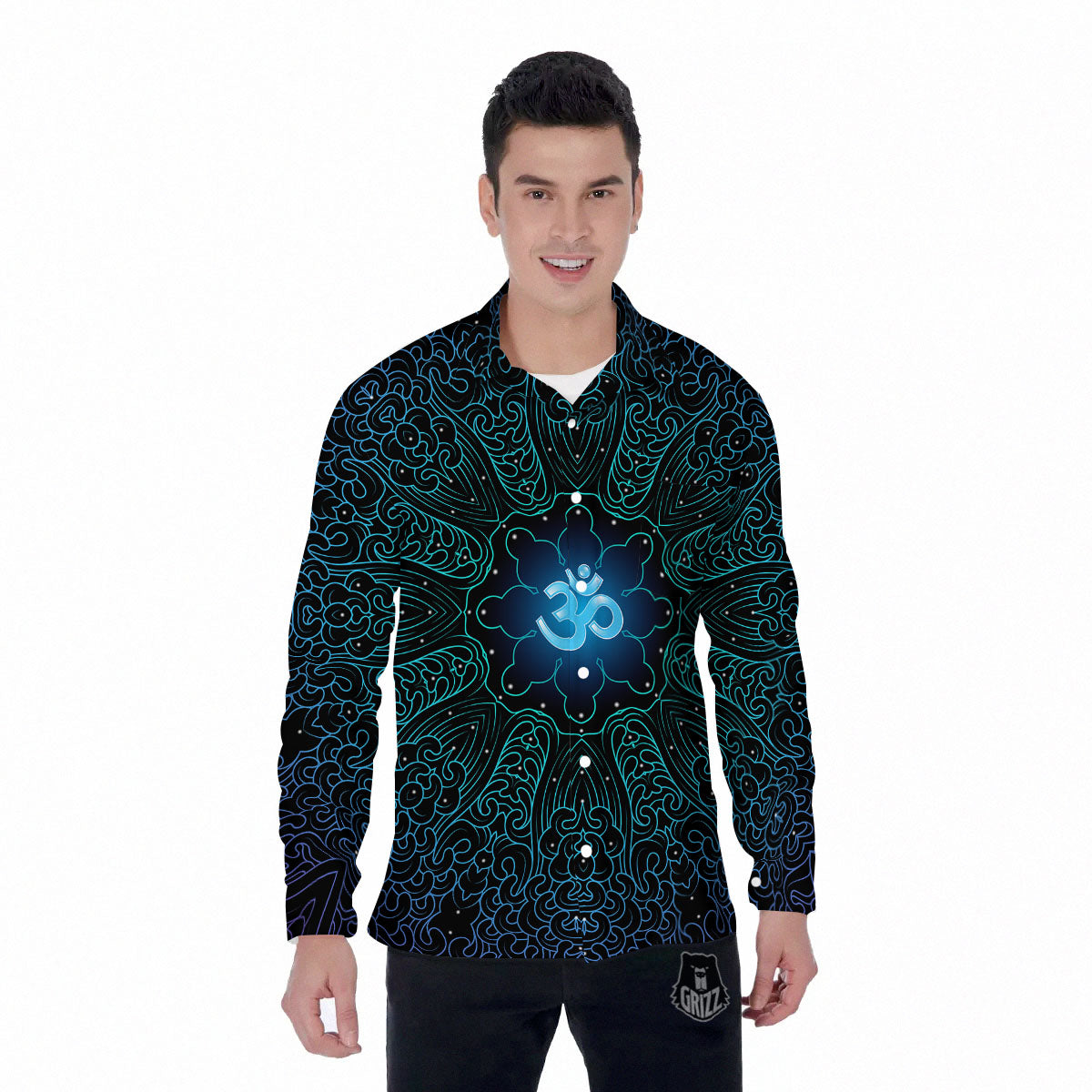 Om Psychedelic Print Men's Long Sleeve Shirts-grizzshop