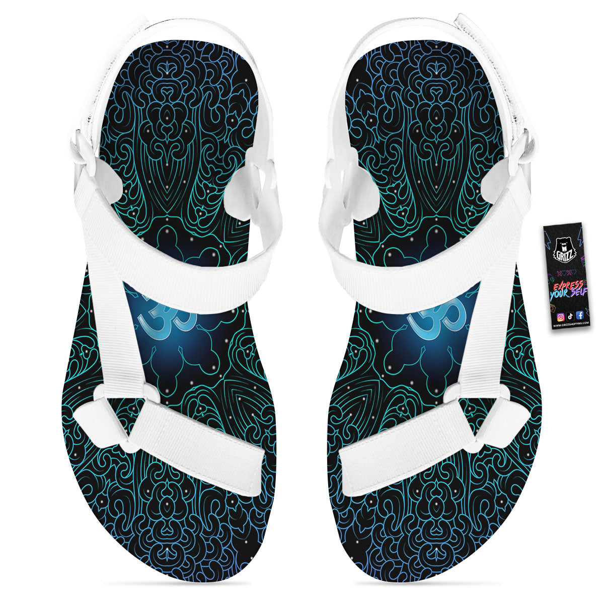 Om Psychedelic Print White Open Toe Sandals-grizzshop