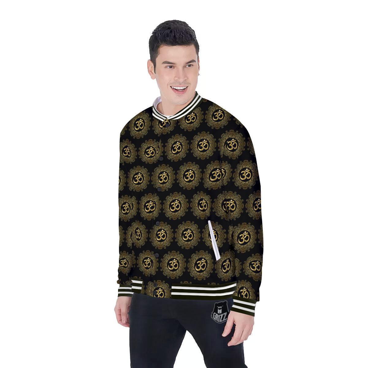 Om Sign Boho Print Pattern Baseball Jacket-grizzshop