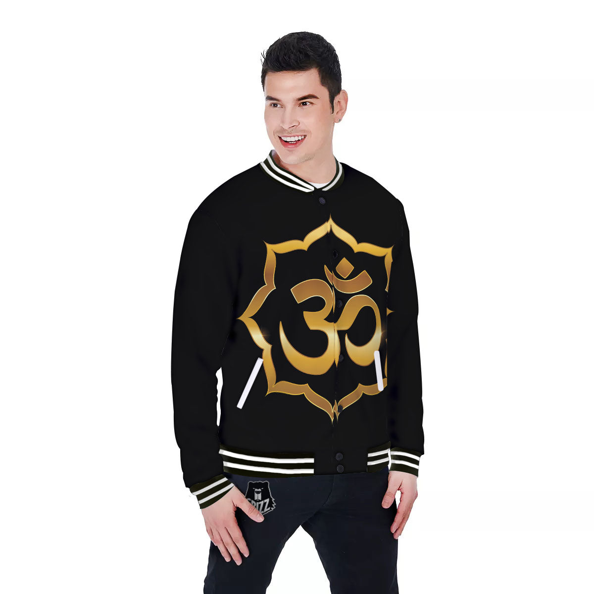 Om Sign Print Baseball Jacket-grizzshop