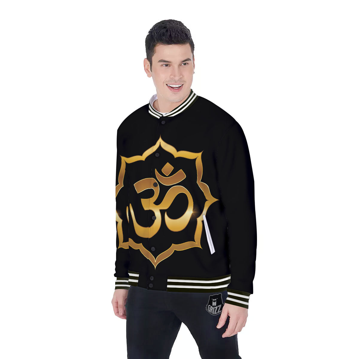 Om Sign Print Baseball Jacket-grizzshop