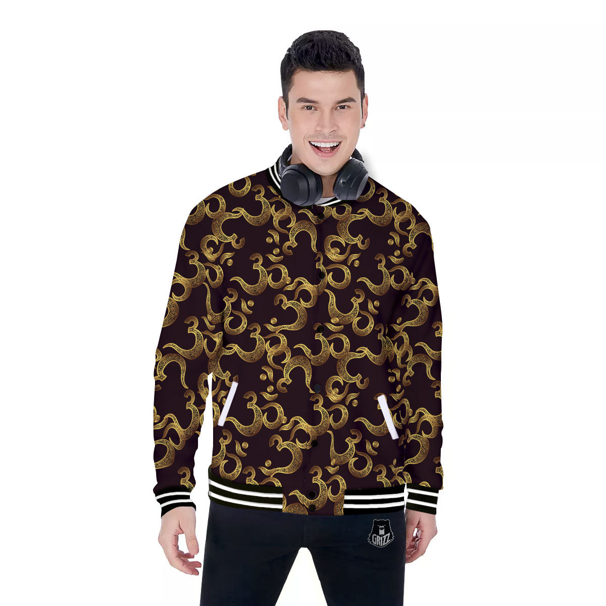 Om Sign Print Pattern Baseball Jacket-grizzshop