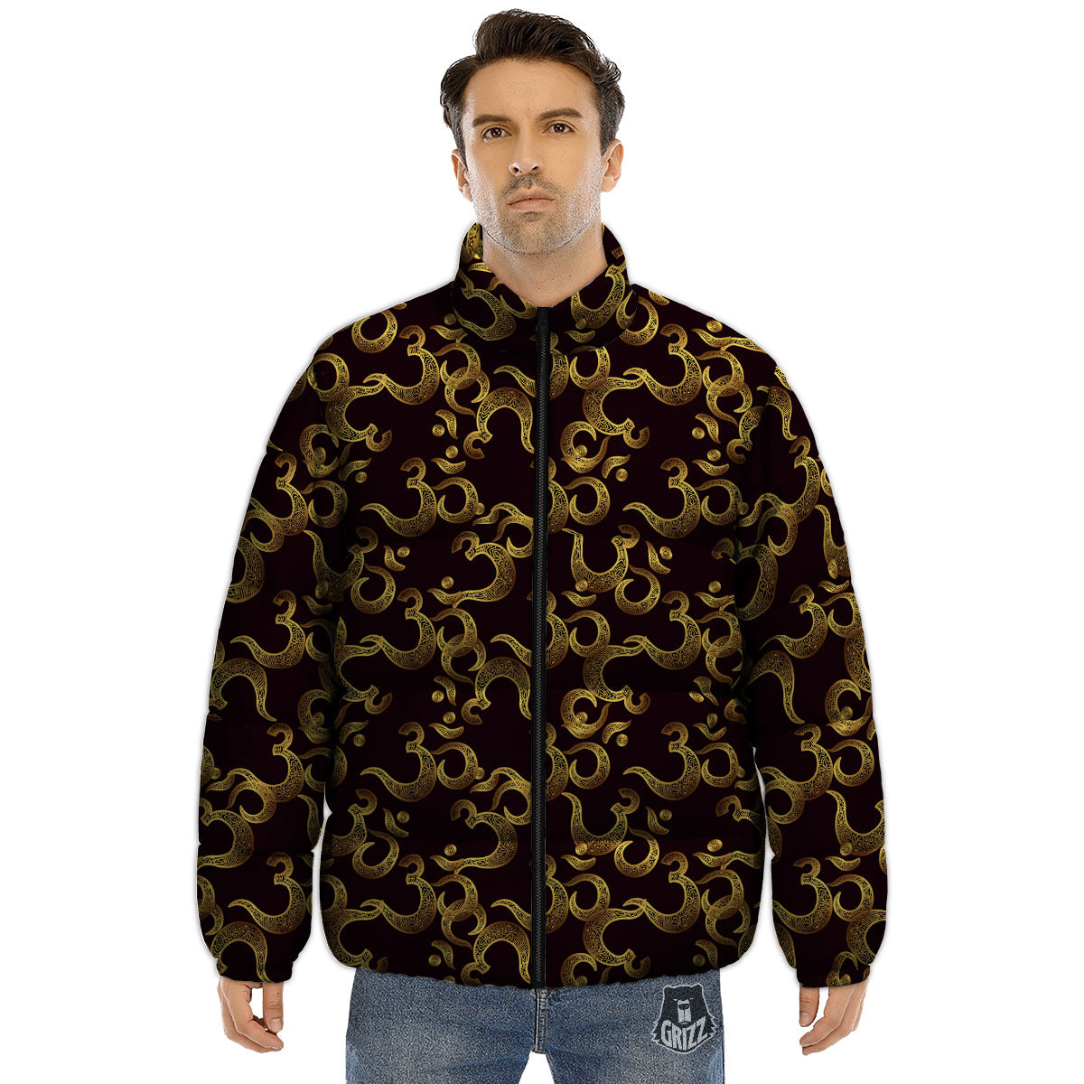 Om Sign Print Pattern Puffer Jacket-grizzshop
