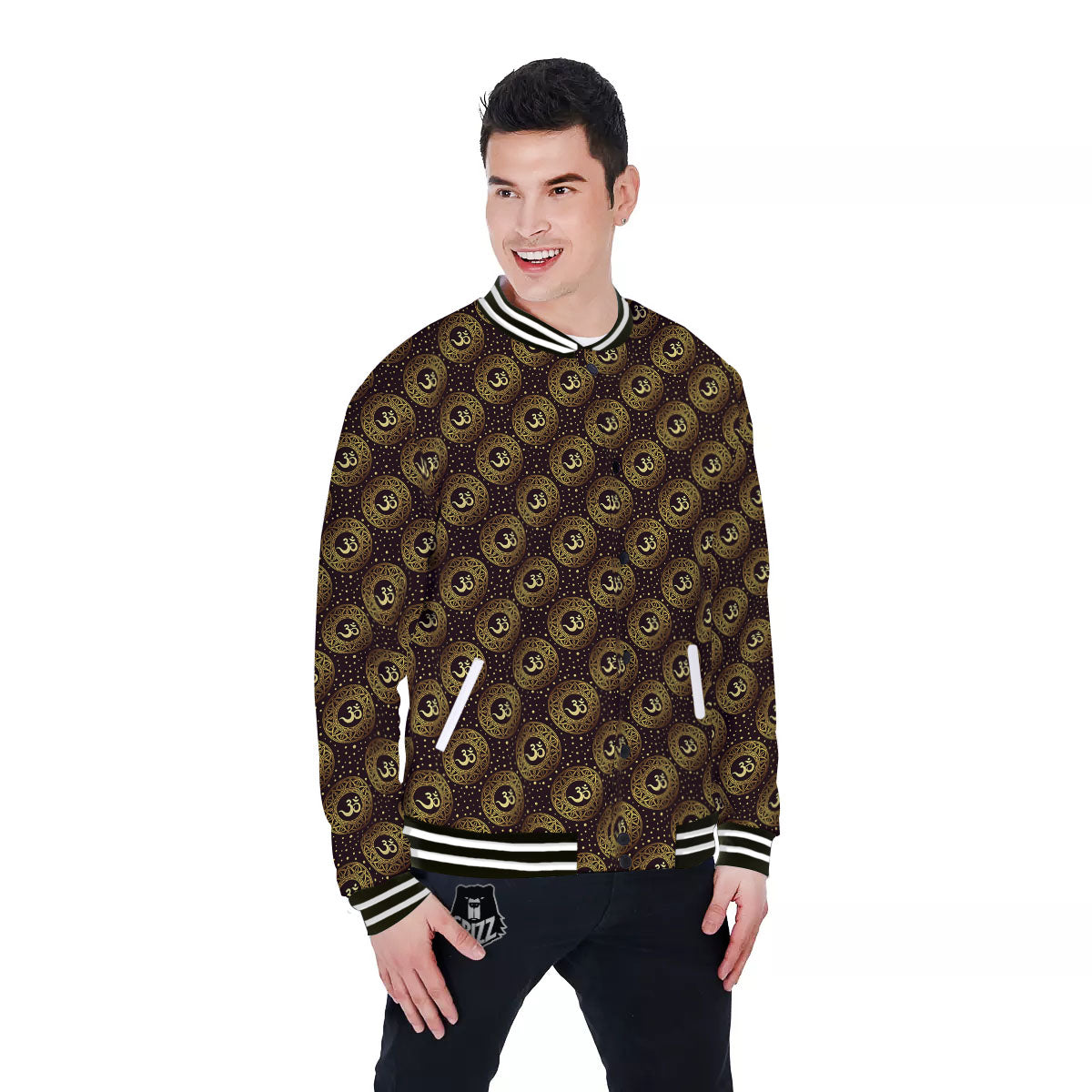 Om Symbol Gold Print Pattern Baseball Jacket-grizzshop