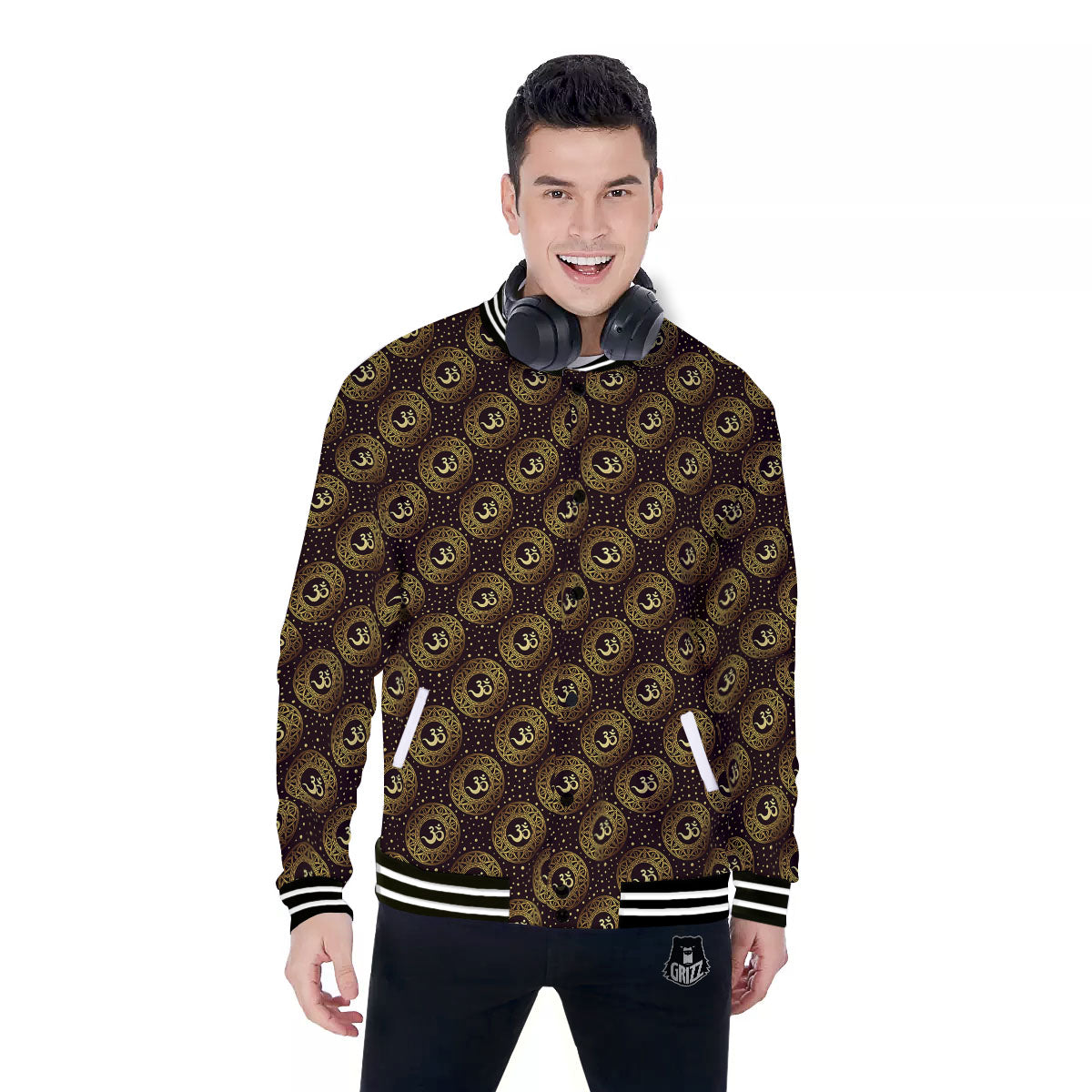 Om Symbol Gold Print Pattern Baseball Jacket-grizzshop