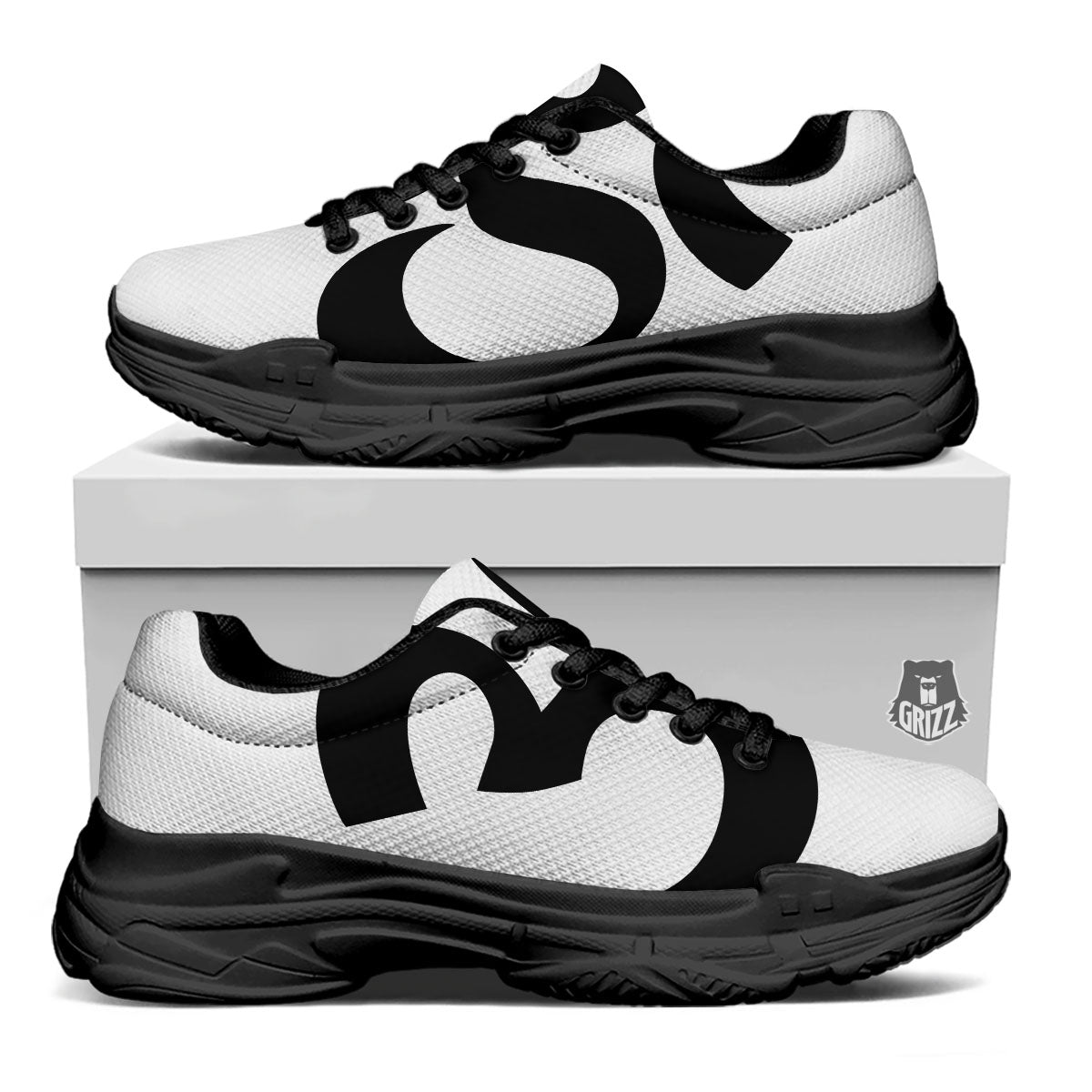 Om White And Black Print Black Chunky Shoes-grizzshop