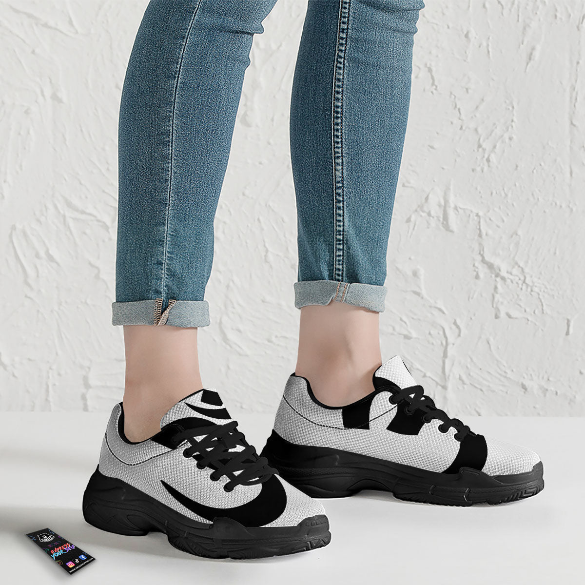 Om White And Black Print Black Chunky Shoes-grizzshop