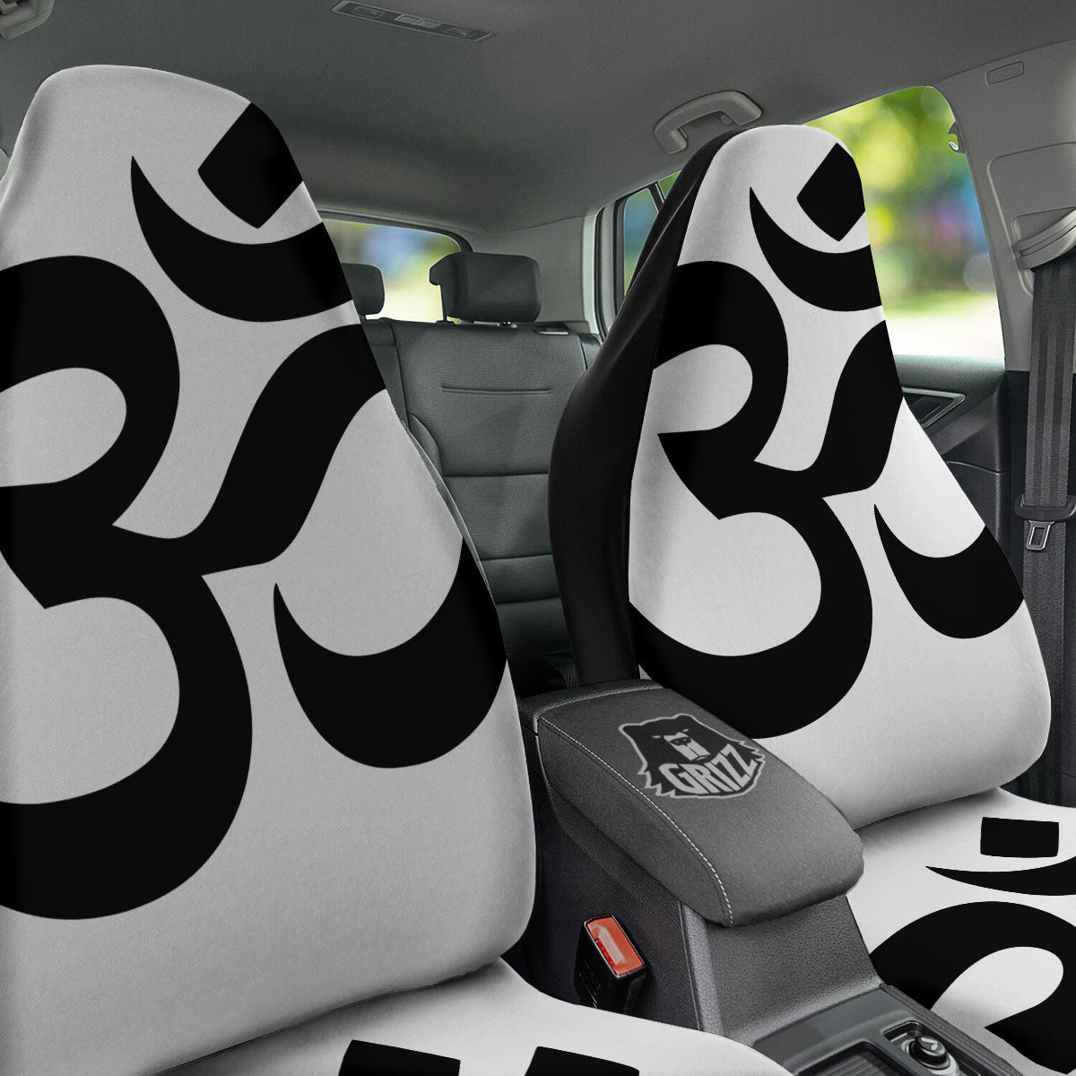 Om White And Black Print Car Seat Covers-grizzshop