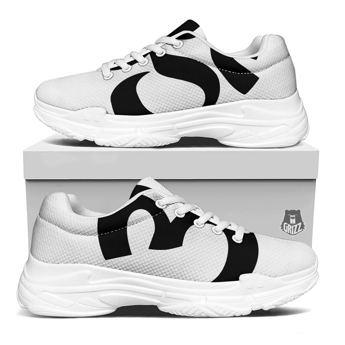 Om White And Black Print White Chunky Shoes-grizzshop