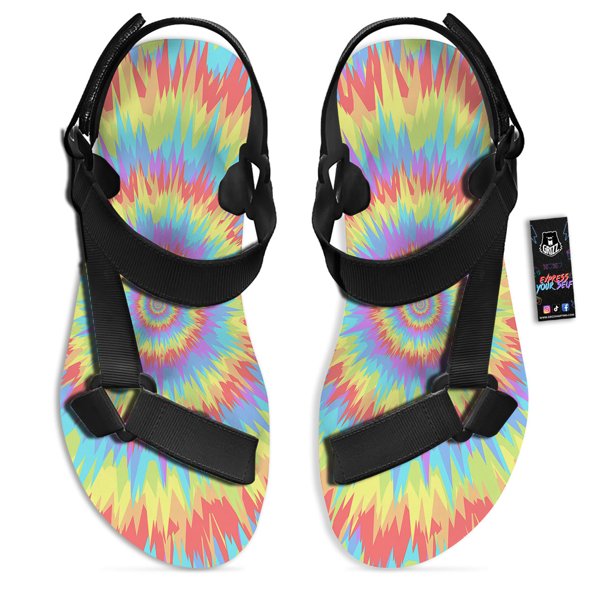 Optical Illusion Colorful Psychedelic Black Open Toe Sandals-grizzshop