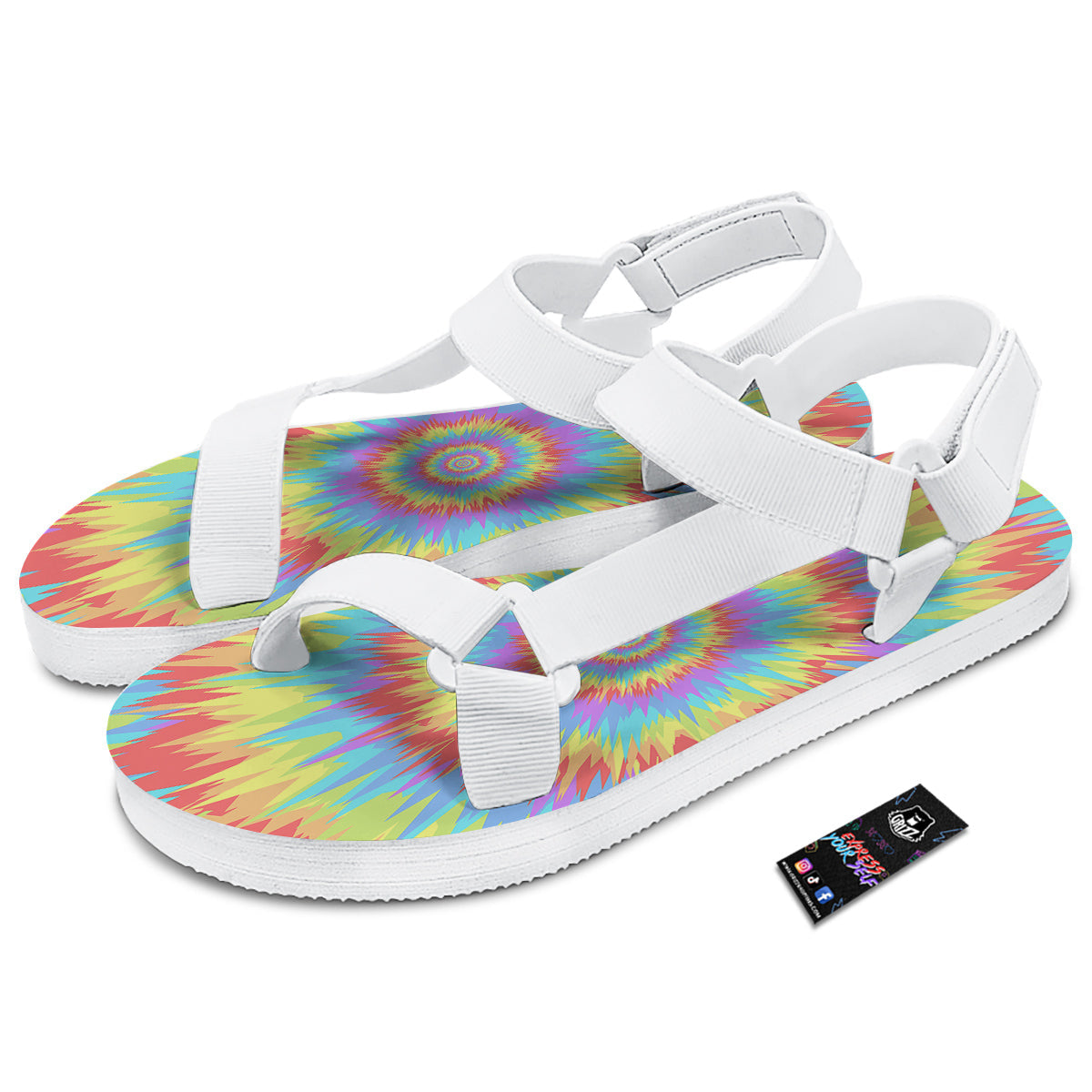 Optical Illusion Colorful Psychedelic White Open Toe Sandals-grizzshop